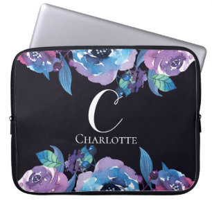 Monogram Donkerblauw met Paarse en blauwe bloemen Laptop Sleeve