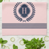 Monogram Donkerblauw & Roze krans en strepen Theedoek (Gevouwen)