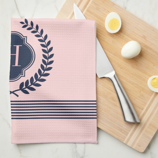 Monogram Donkerblauw & Roze krans en strepen Theedoek (Quarter Fold)