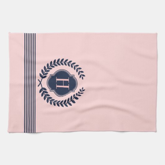 Monogram Donkerblauw & Roze krans en strepen Theedoek (Horizontaal)
