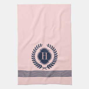 Monogram Donkerblauw & Roze krans en strepen Theedoek