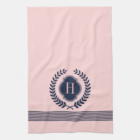 Monogram Donkerblauw & Roze krans en strepen Theedoek (Verticaal)