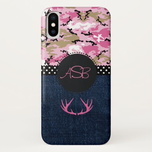 Monogram Donkerblauwe jeans Roze Antler Schattige Case-Mate iPhone Case (Achterkant)