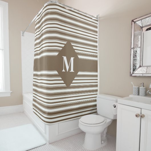 Monogram donkerbruin en witte strepen douchegordijn (In situ)