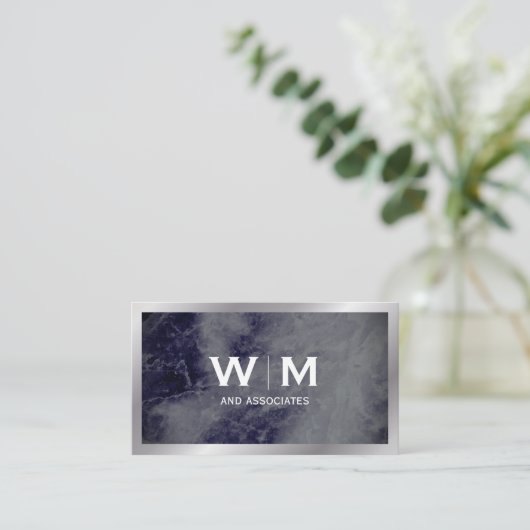 Monogram | Donkere Blauwe Marmer Textuur Visitekaartje (Staand voorkant)