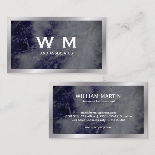 Monogram | Donkere Blauwe Marmer Textuur Visitekaartje (Voorkant / Achterkant)