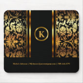 Monogram Donkere goud en zwarte Floral Damask Muismat (Voorkant)