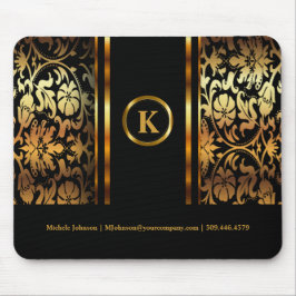 Monogram Donkere goud en zwarte Floral Damask Muismat