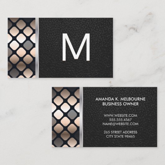 Monogram | Donkere metalen patroon | Zwart leder Visitekaartje (Voorkant / Achterkant)