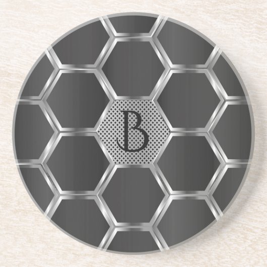 Monogram donkergrijs en zilver geometrisch patroon zandsteen onderzetter (Voorkant)