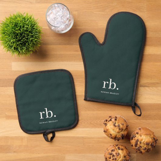 Monogram donkergroen stijlvol, modern minimalistis ovenwant & pannenlap set (Top down)