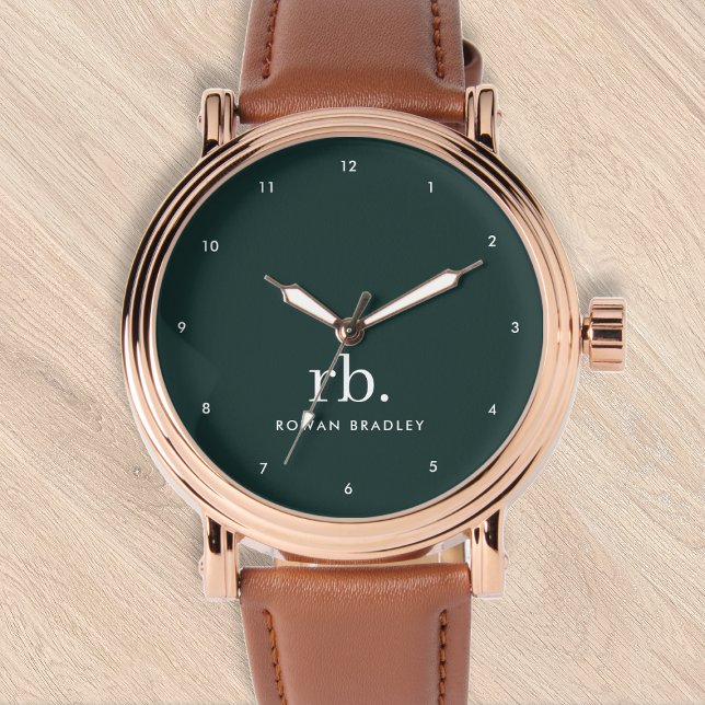 Monogram donkergroene, stijlvolle, moderne, minima horloge (Stylish dark green custom monogram watch.)