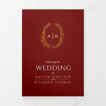 Monogram donkerrood bladgoud bruiloft optie RSVP
