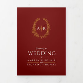 Monogram donkerrood bladgoud bruiloft optie RSVP Drieluik Uitnodiging