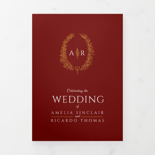 Monogram donkerrood bladgoud bruiloft optie RSVP Drieluik Uitnodiging (Cover)