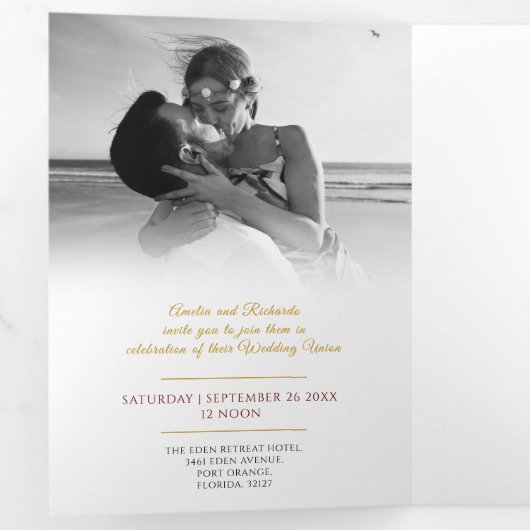 Monogram donkerrood bladgoud bruiloft optie RSVP Drieluik Uitnodiging (Binnenzijde eerst)