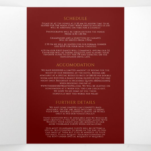 Monogram donkerrood bladgoud bruiloft optie RSVP Drieluik Uitnodiging (Binnenkant midden)