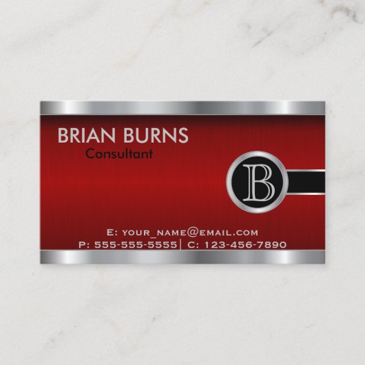 Monogram donkerrood en staal visitekaartje (Voorkant)