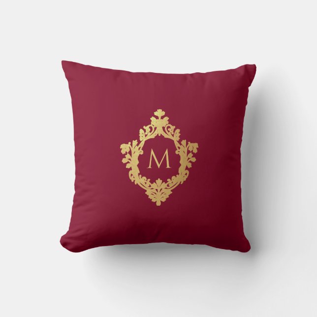 Monogram Donkerrood Nepgoud Crest Vintage Elegant Kussen (Voorkant)