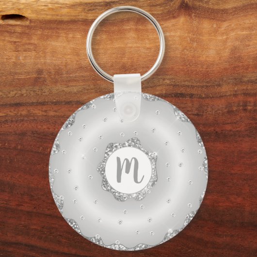 Monogram donut zilver glitter script chic girly sleutelhanger (Voorkant)