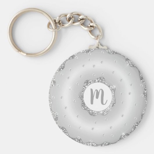 Monogram donut zilver glitter script chic girly sleutelhanger (Voorkant)