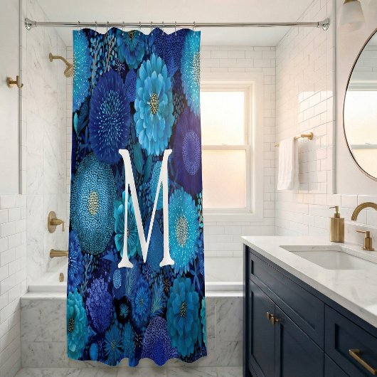 Monogram douchegordijn bloemmotief navyblauw