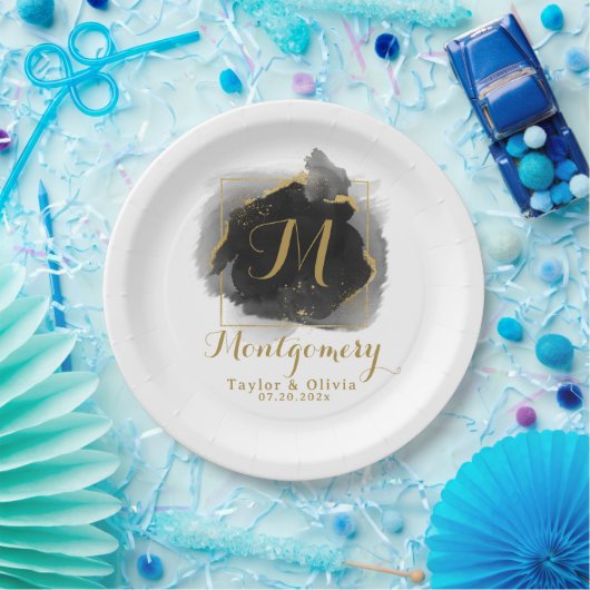 Monogram dramatische zwarte en gouden bruiloft papieren bordje (Feest)