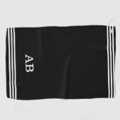 Monogram & drie strepen op zwart golfhanddoek (Horizontaal)