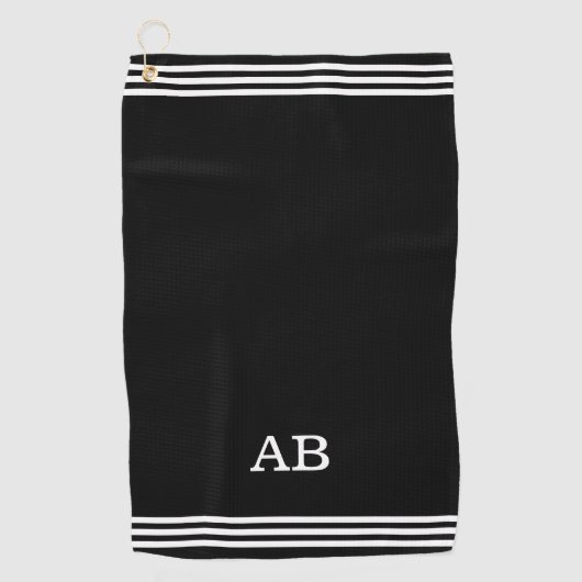 Monogram & drie strepen op zwart golfhanddoek (Voorkant)