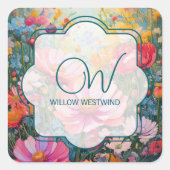 Monogram Dromerige Bloementuin Blauwgroen Sticker (Voorkant)