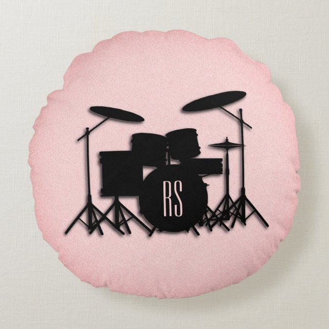 Monogram drumset muziekontwerp rond kussen (Voorkant)