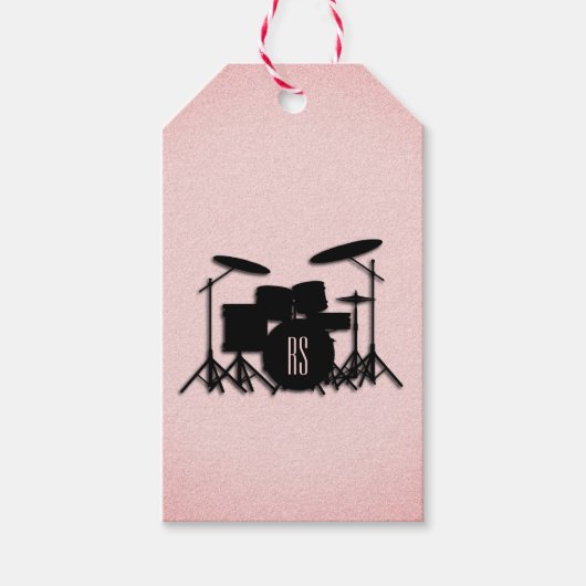 Monogram drumset muziekontwerp roze cadeaulabel (Voorkant)