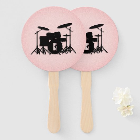 Monogram drumset muziekontwerp roze handwaaier (Voorkant en achterkant)
