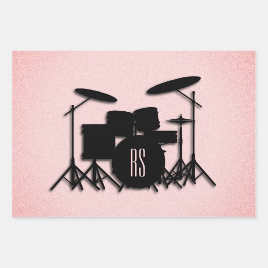 Monogram drumset muziekontwerp roze inpakpapier vel (Voorkant)