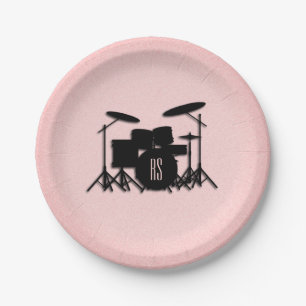 Monogram drumset muziekontwerp roze papieren bordje