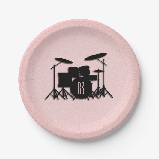 Monogram drumset muziekontwerp roze papieren bordje (Voorkant)