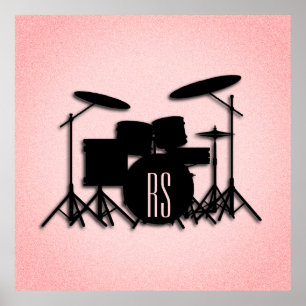 Monogram drumset muziekontwerp roze poster