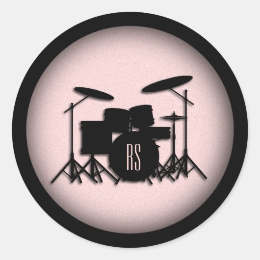 Monogram drumset muziekontwerp roze ronde sticker (Voorkant)