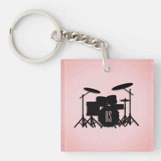 Monogram drumset muziekontwerp roze sleutelhanger (Voorkant)