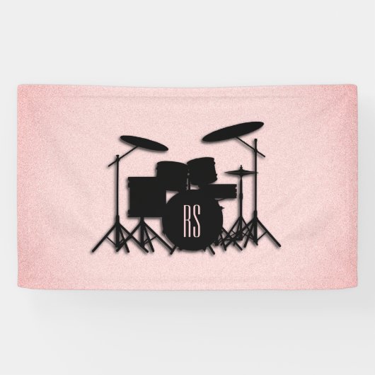 Monogram drumset muziekontwerp roze spandoek (Horizontaal)