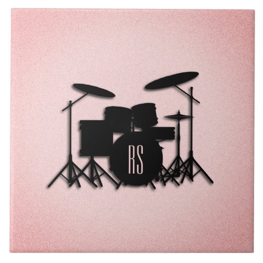 Monogram drumset muziekontwerp roze tegeltje (Voorkant)