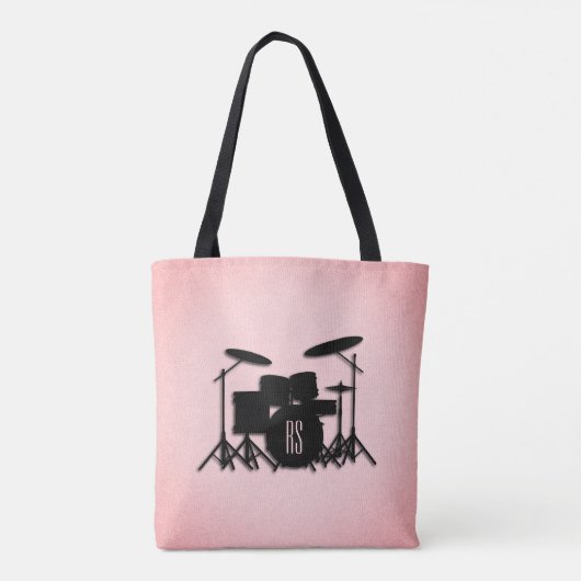 Monogram drumset muziekontwerp roze tote bag (Achterkant)