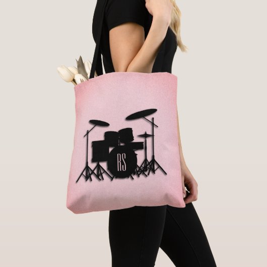 Monogram drumset muziekontwerp roze tote bag (Dichtbij)