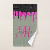 Monogram Druppelende Glitter Sage Groen Hot Pink Bad Handdoek (Handdoek)
