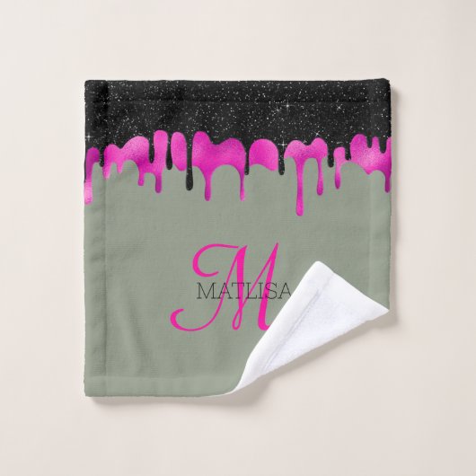 Monogram Druppelende Glitter Sage Groen Hot Pink Bad Handdoek (Wasdoekje)