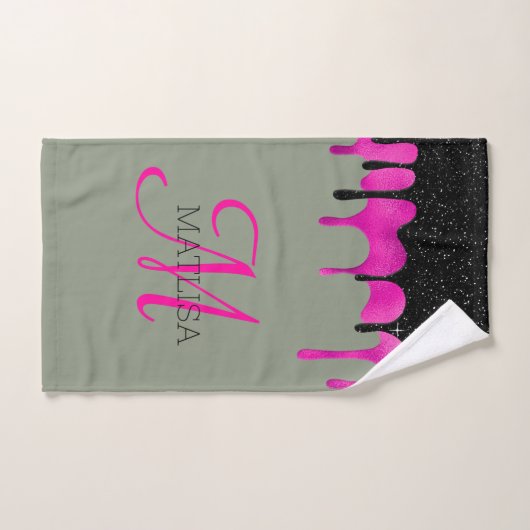 Monogram Druppelende Glitter Sage Groen Hot Pink Bad Handdoek (Handdoek)