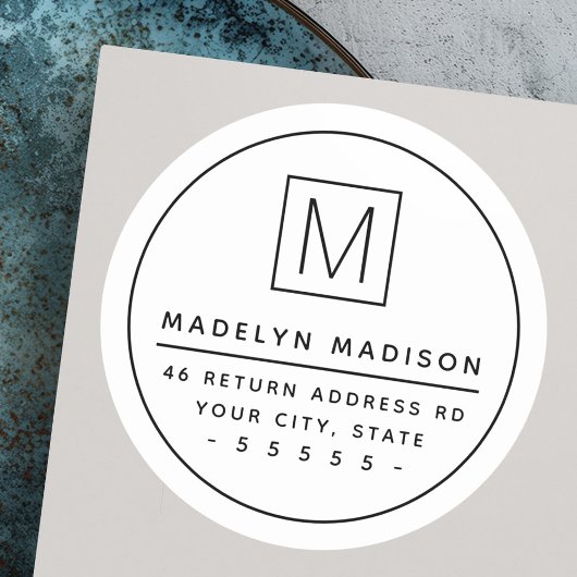 Monogram dunne grens minimale witte terugkeeradres ronde sticker