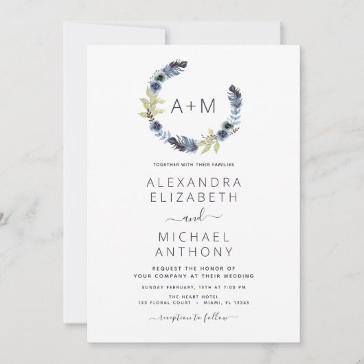 Monogram Dusty Blue Boho Floral Wedding Kaart (Voorkant)