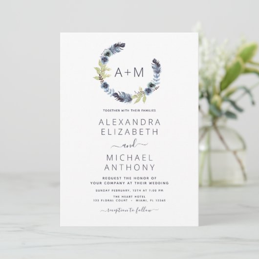 Monogram Dusty Blue Boho Floral Wedding Kaart (Staand voorkant)
