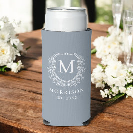 Monogram Dusty Blue Crest Botanical Wedding Seltzer Blikjeskoeler